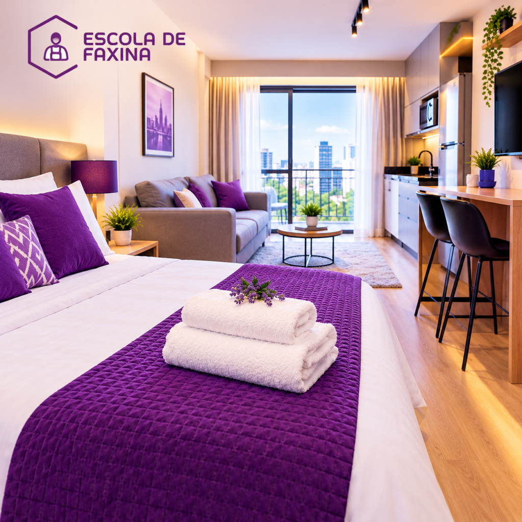 estúdio acolhedor em tons de roxo